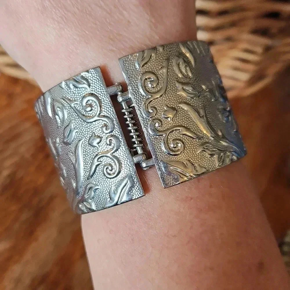Wide Silvertone Scroll Design Cuff Bracelet - Picture 4 of 10